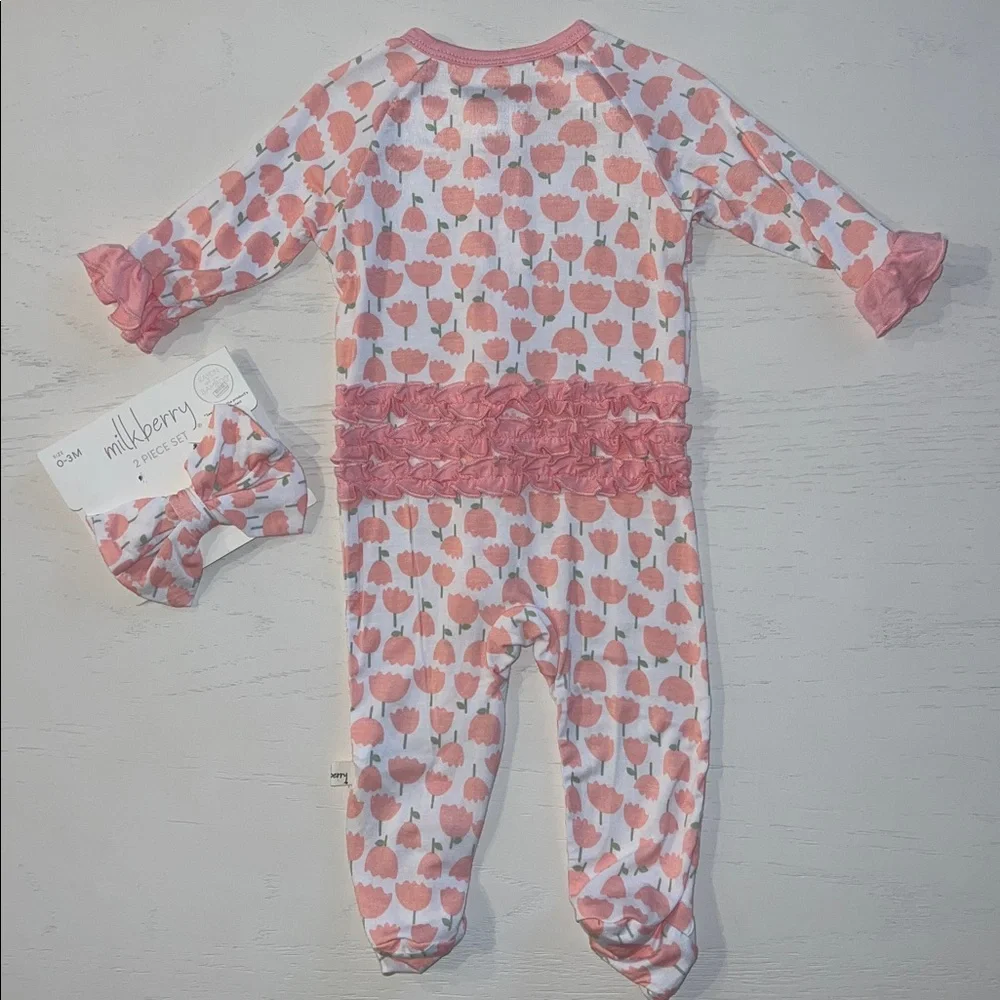 Milkberry Floral Tulip Footie Headband Set 0-3 3-6 months